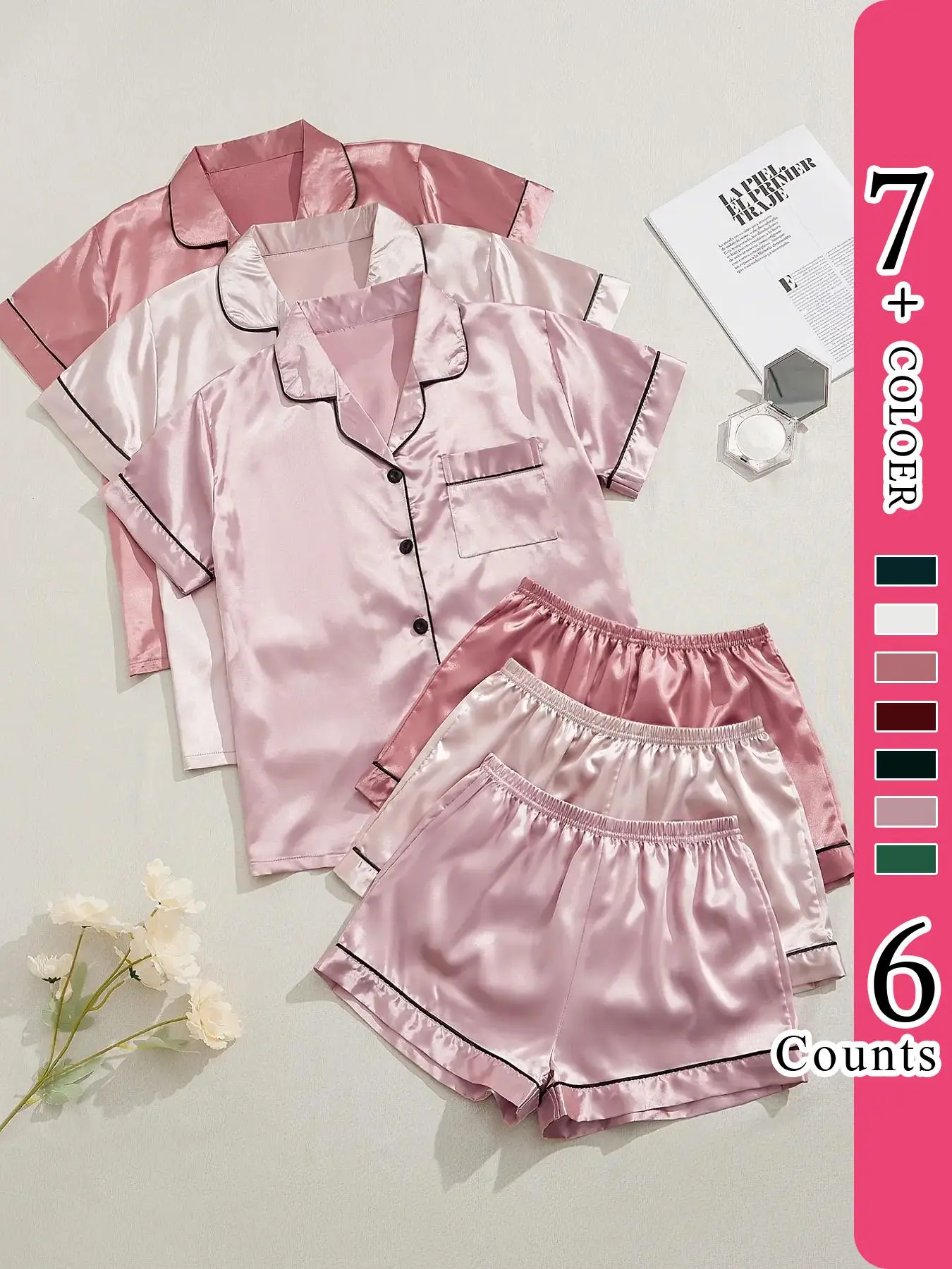 Women's Contrast Binding Satin Pyjamas Set, Casual Lapel Short Sleeve Shirt & Elastic Waist Shorts, Summer Clothes Women, Summer Sleepwear, Homewear, Summer Outfits, National Day Offer, Pajama Sets Women