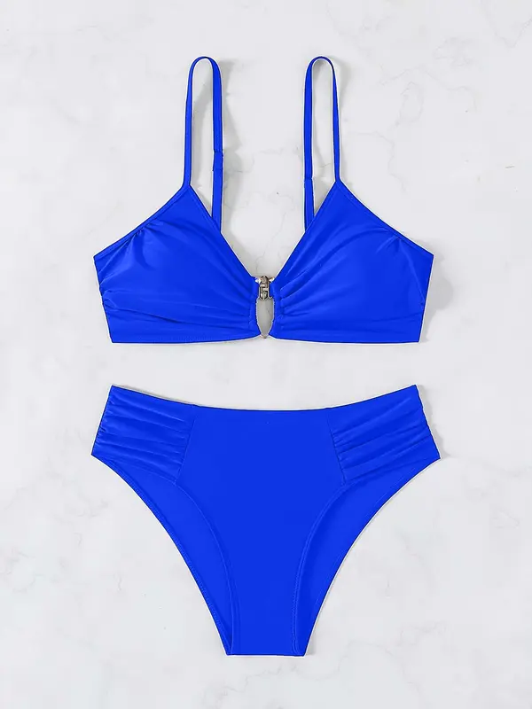 Two-piece Set Women's Plain Metal Ring  Lined  Bikini Set, Casual Fashion Chic Swimsuit Set for Beach Holiday Vacation, Ladies Swimwear for All Seasons 4