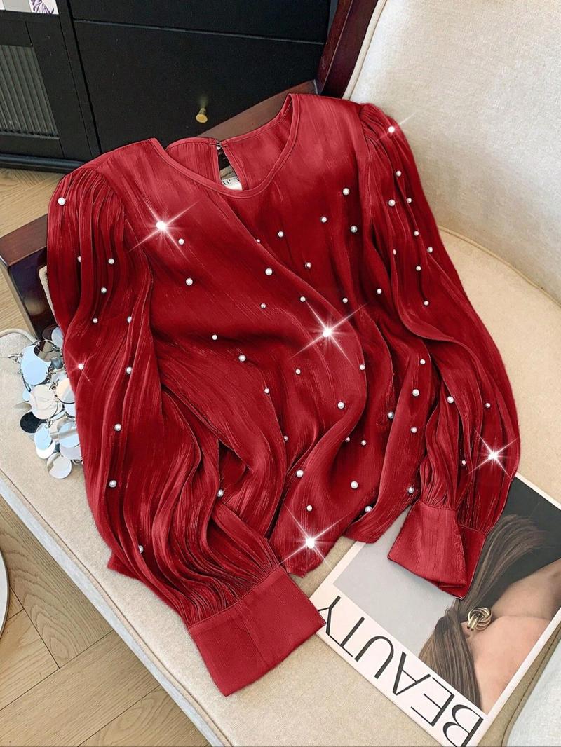 Product Introduction of Women's Glitter Faux Pearl Decor Crew Neck Blouse, Elegant Fashion Casual Long Sleeve Top for Daily Outdoor Wear, Women Clothing for Spring 5