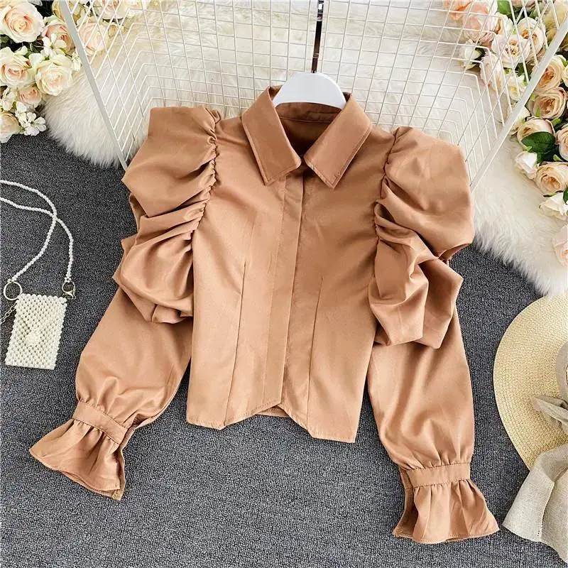 Turn Down Collar Retro Palace Style Ruffled Puff Sleeve Lapel Long-sleeve Top Solid OL Shirt And Blouses Sweet Elegant Woman New