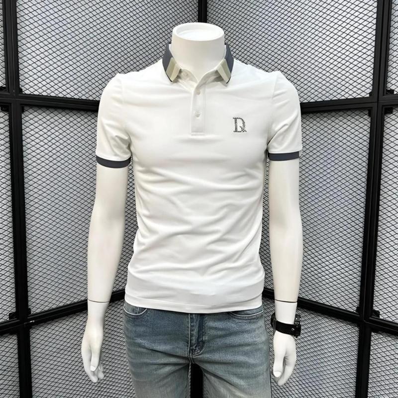 Áo thun nam cổ bẻ tay ngắn thêu chữ D màu trắng đen sang trọng lịch lãm cao cấp-AHMENS CN4 Menswear Polo Có Cổ Cộc Tay Shirt Ngắn Tay