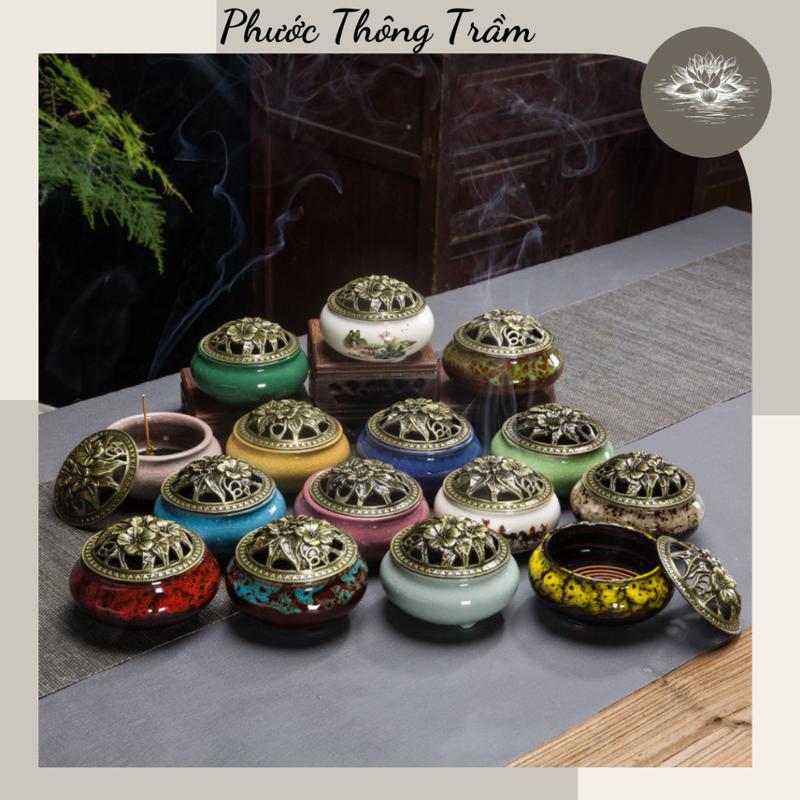 Lư Xông Nụ Trầm Hương Đỉnh Đốt Nhang Vòng Phong Thủy Bằng Gốm Sứ Vân Rạn Cao Cấp Kèm Lót Đế - Phước Thông Trầm