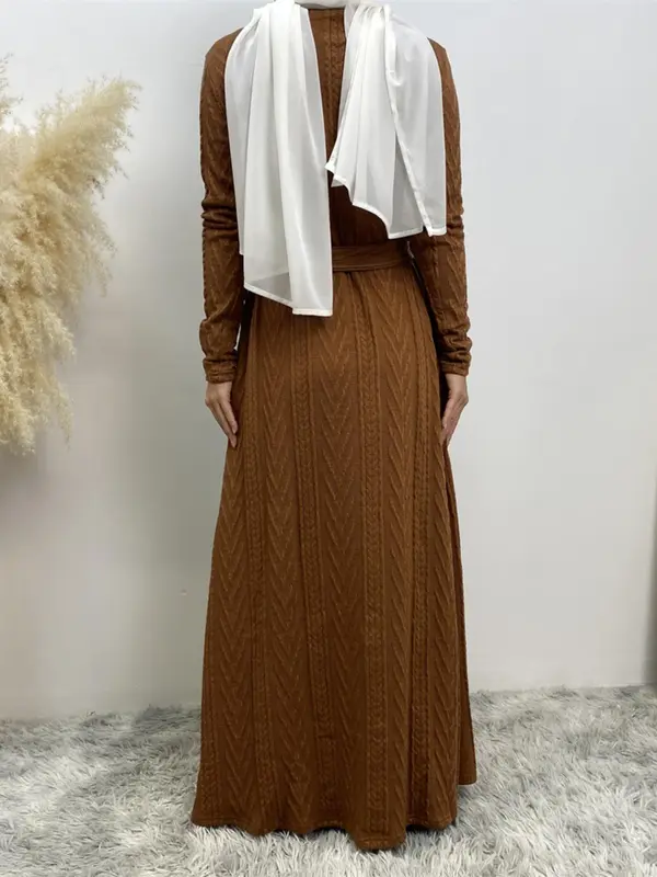 Women's Solid Long Sleeve Belted Abaya Without Hijab, Elegant Pocket Long Sleeve Open Front Outerwear, Fashion Muslim Clothing For Fall & Winter, Abaya Coat 8