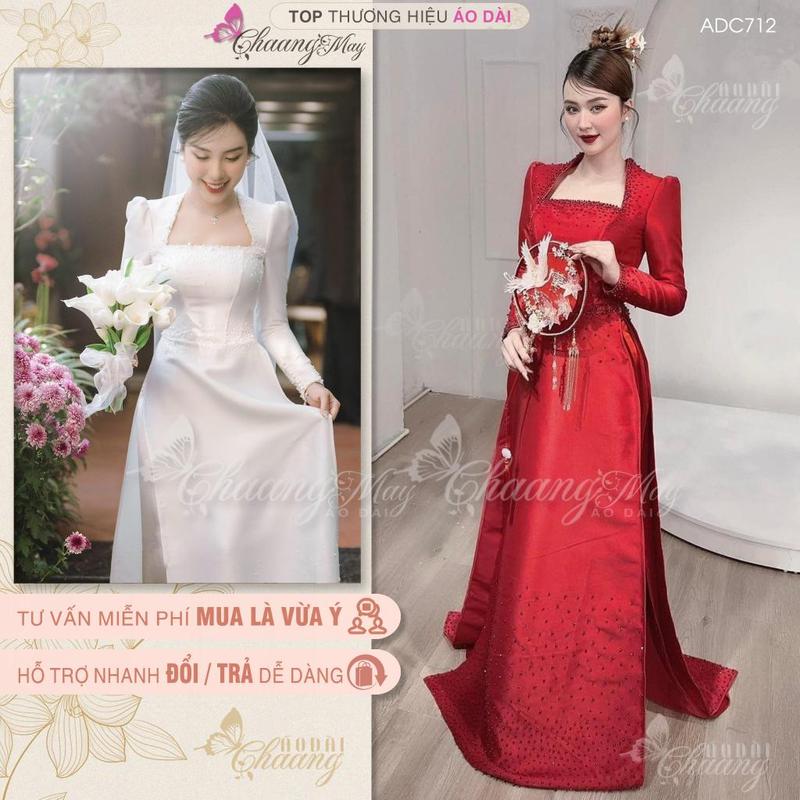 Áo dài cưới Ngọc Nữ cổ vuông truyền thống Chaang may sẵn ADC712 áo dài cô dâu tay vai bồng phồng dự tiệc cưới hỏi lễ tết đẹp Áo Cưới Váy Cưới Women Dress