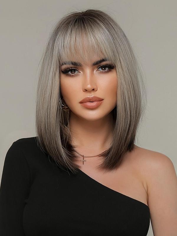 14 Inch Ombre Color Short Bob Wigs for Women, Gorgeous Fluffy Wigs with Bangs, Synthetic Straight Shoulder Length Wigs for Party, Daily Use 2
