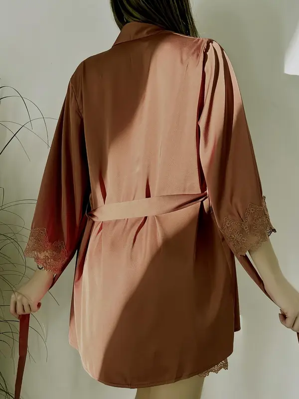 Women's Plain Contrast Lace Pyjama Set, Elegant Cami Nightdress & Belted Lounge Robe, Fashion Summer Clothes Women, Womens Clothes, Ladies Sleepwear & Loungewear, Pajama Sets Women, Women's Clothes 5