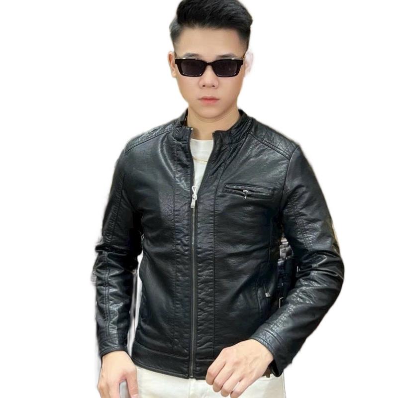 Áo da nam cổ tàu bên trong lót nỉ nhung quảng châu cao cấp Menswear Jacket Màu Đen