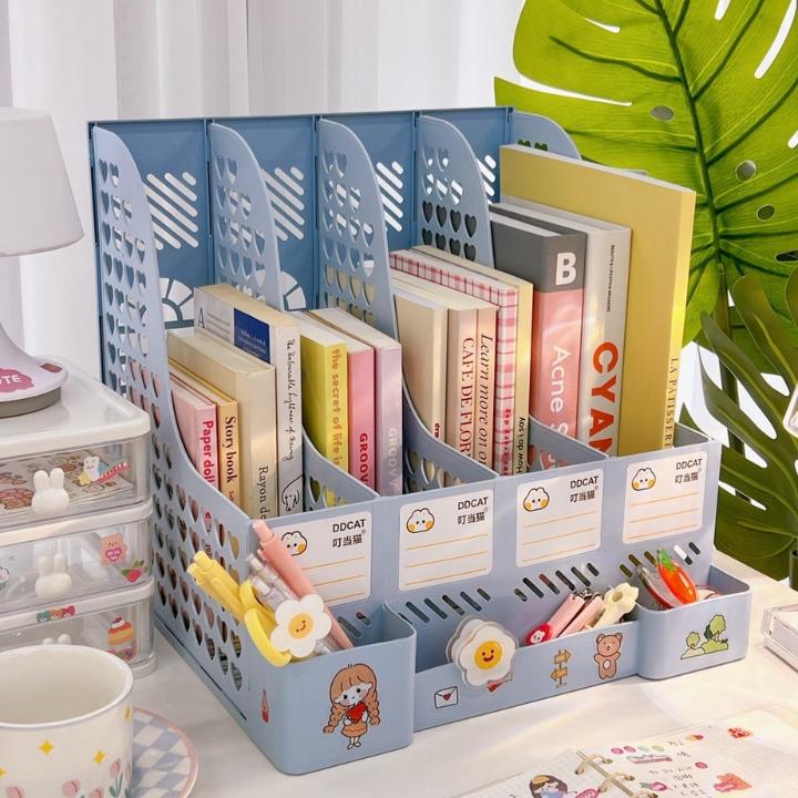 (Tặng Sticker) Kệ Đựng Tài Liệu Văn Phòng 4 Ngăn Kèm Khay Đựng Bút, Kệ Đựng Sách Vở Để Bàn Gấp Gọn