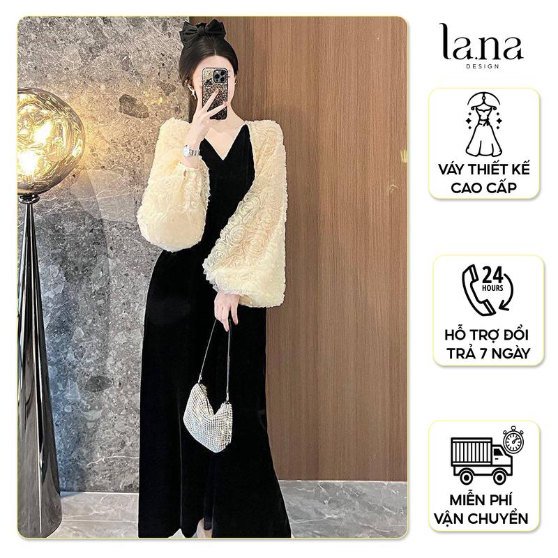 Váy Nữ thiết kế cao cấp La.Na set váy tiểu thư bánh bèo dài tay nữ tính sang chảnh họa tiết hoa chất liệu Nhung Hàn phối ren đính ngọc - V599