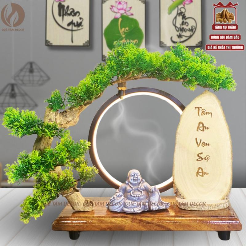 Tiểu Cảnh Tượng Phật Bên Gốc Cây Bonsai Có Đèn Hào Quang Và Khoanh Gỗ Tâm Vạn Sự AN - Quế Tâm Decor
