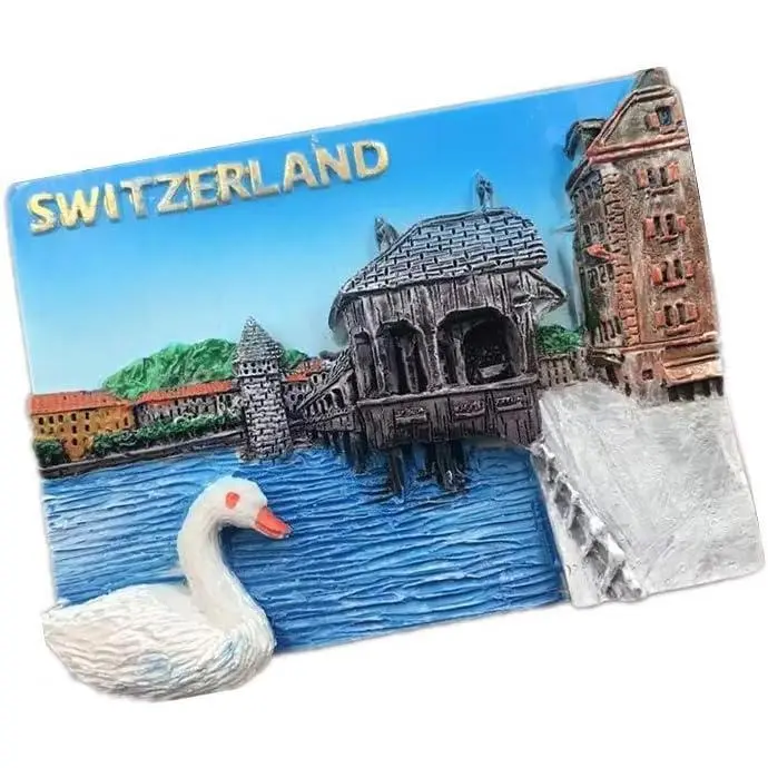 1 Piece Retro 3D Resin Souvenir Fridge Magnet National Architecture Landscape Fridge Sticker Souvenir Travel Gift - Switzerland Swan Lake