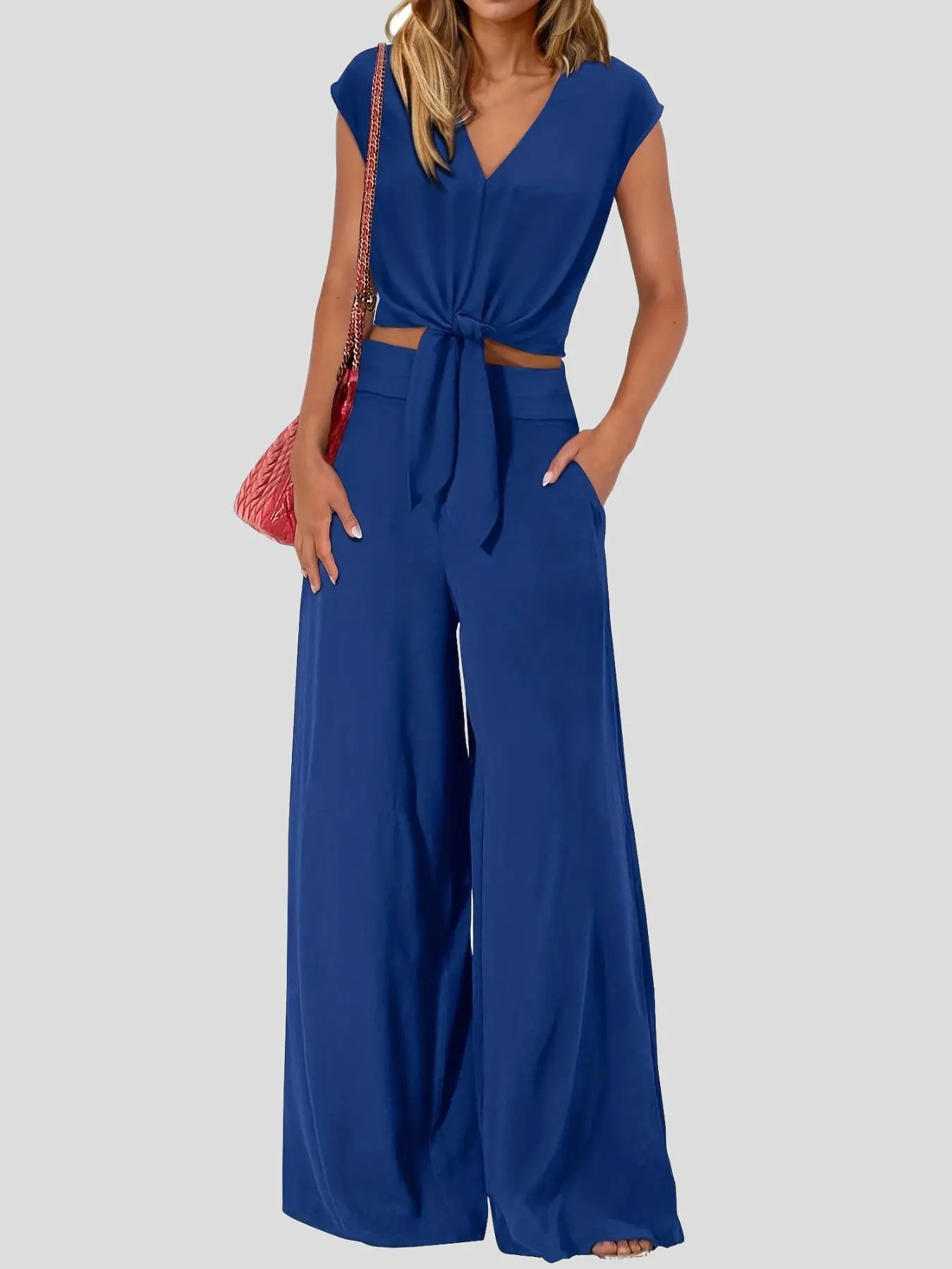 Women's Solid Tie Front Crop Top & Wide Leg Pants Two-piece Set, Casual V Neck Top & Pocket Trousers for Summer, Ladies Clothes for Daily Wear