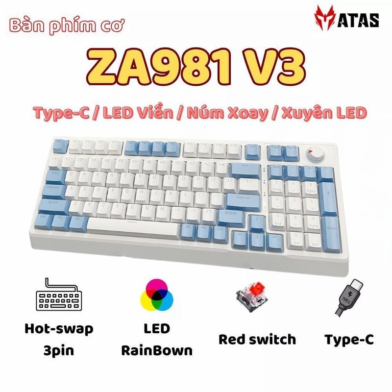 Bàn phím cơ ATAS ZA981 V3 98 Key - Hotswap - Red swtich - LED 9 chế độ - Kết nối Type-C