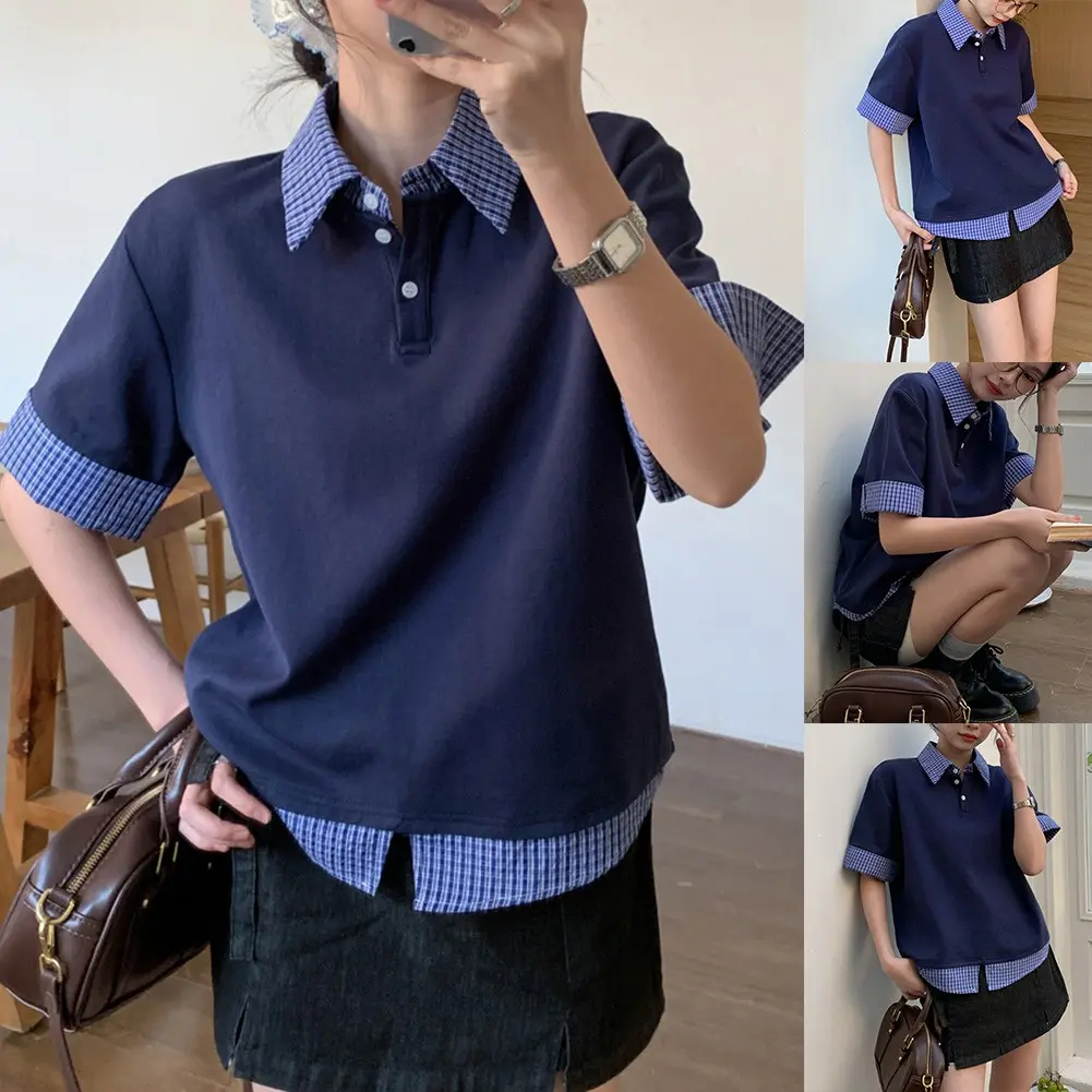 Áo Sơ Mi Kẻ Sọc Chắp Vá, Phong Cách Cơ Bản Và Đơn Giản, Cổ Bẻ Áo, Tay Ngắn, Thiết Kế Hai Mảnh Giả, Dành Cho Nữ áo  phông  baby  tee áo  cổ  tim  nữ