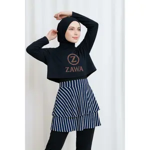 ZAWA Stella Muslimah Swimwear Salur Navy - Baju Renang Muslimah Hijab Syari Sporty Remaja Perempuan