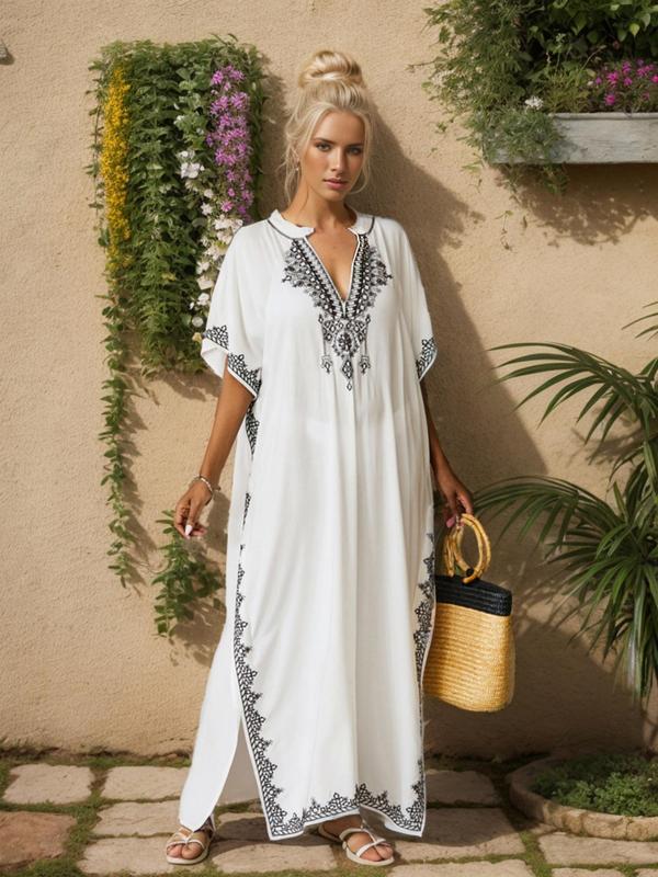【Plus Size】Ethnic Pattern Split Hem Arabian Dress, Modesty Elegant Batwing Sleeve Notched Neck Long Dress, Holiday Dresses, Muslim Dresses for Women, Summer Kaftan Dress, Wedding Guest Dress, Plus Size Dresses 1
