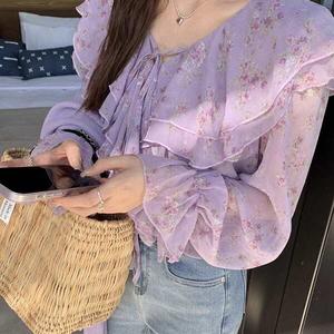 เสื้อชีฟองลายดอกไม้ ดีไซน์ผู้หญิง เสื้อสายโบว์เฉพาะ สไตล์ฝรั่งเศส เสื้อหวานและสดใหม่