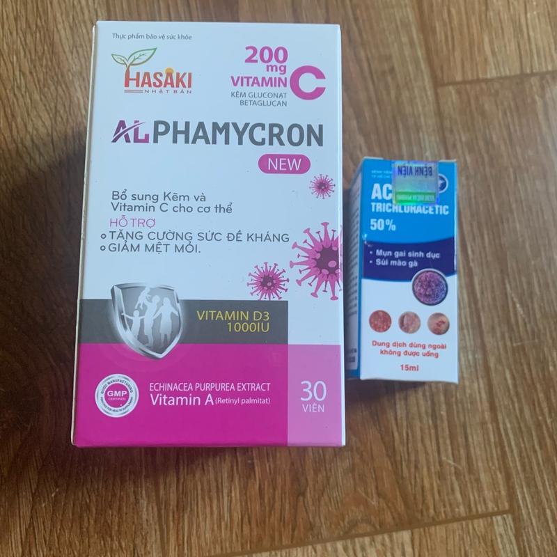 {CHE TÊN} Combo viên uống ALPHAMYCRON hộp 30v+ dung dịch chấm rụng mụn Acid TRICHCLOACETIC 50%(15ml).Hỗ trợ đào thải HPV chấm rụng mụn sùi 3
