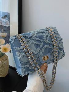 Women's Fashion Chain Strap Denim Rhombus Rough Edge Shoulder Bag, Casual Versatile Solid Color Underarm Bag, Trendy Daily Commuting Bag, Girl Fashionable Bag