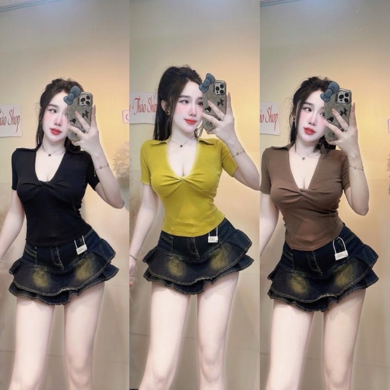 Áo thun tay ngắn cổ trụ xoắn trước fom dáng lửng dài tới rún