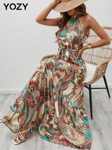 YOZY Women's All Over Print Belted Dress, Boho Sleeveless Dress for Beach Holiday Vacation, Ladies Summer Clothes