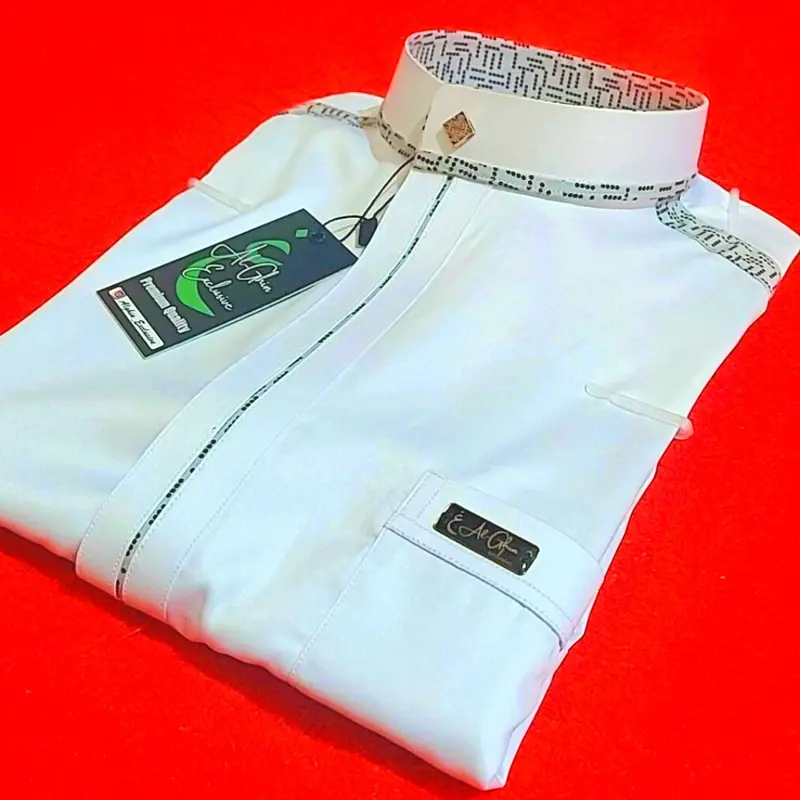 Baju koko Original Saudi Polyester Import lengan panjang putih les tangan abu bintik hitam / Baju Pria Muslim Elit, Mewah, Berkelas dan Berkualitas Alghin Exclusive 23 3