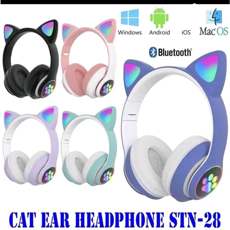 Headphone Bluetooth Kucing LED Wireless Light Kuping Rechargeable 8