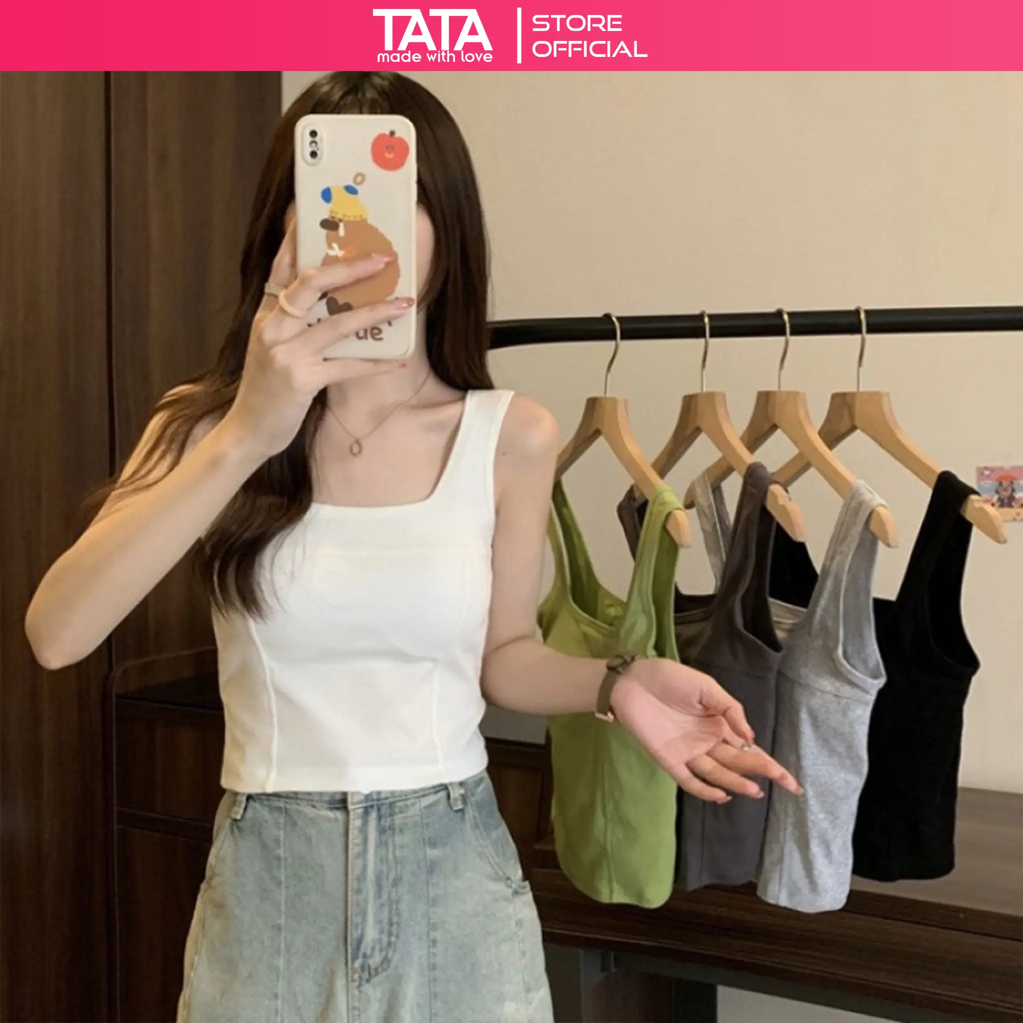 Áo 2 dây nữ, Áo cổ vuông croptop CÓ MÚT NGỰC, Chất liệu cotton mềm mại, co giãn, Kiểu dáng trẻ trung Hàng QC Loại 1 Kem Đệm mút Màu Đen Women Tre áo croptop cóáotrong