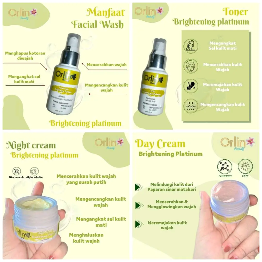 Harga ecer  produk Cream siang/ Day cream plek platinum.+ day cream brightening+toner +facial wash  orlin beauty skincare. skincare orlin bpom Mencerahkan Wajah Memudarkan Hitam Perawatan Kering Membersihkan Kotoran