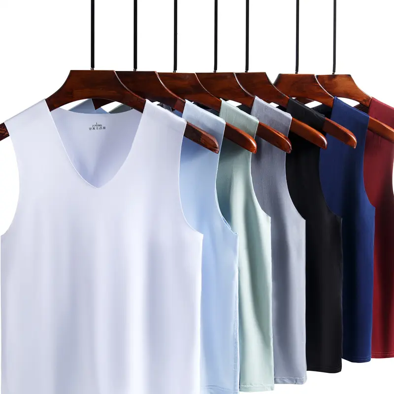 Men Vest Casual Fashion All-Matching Men Top V-neck Traceless Ice Silk Vest Summer Can Be Worn outside Sports and Fitness Running Breathable Quick-Drying Sleeveless Bottoming Shirt
