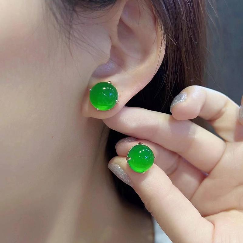Product Introduction of Natural Ice Transparent Green Agate Chalcedony Large Bread Round Single Diamond Simple Light Luxury Earrings for Women Elegant Ear Jewelry 2