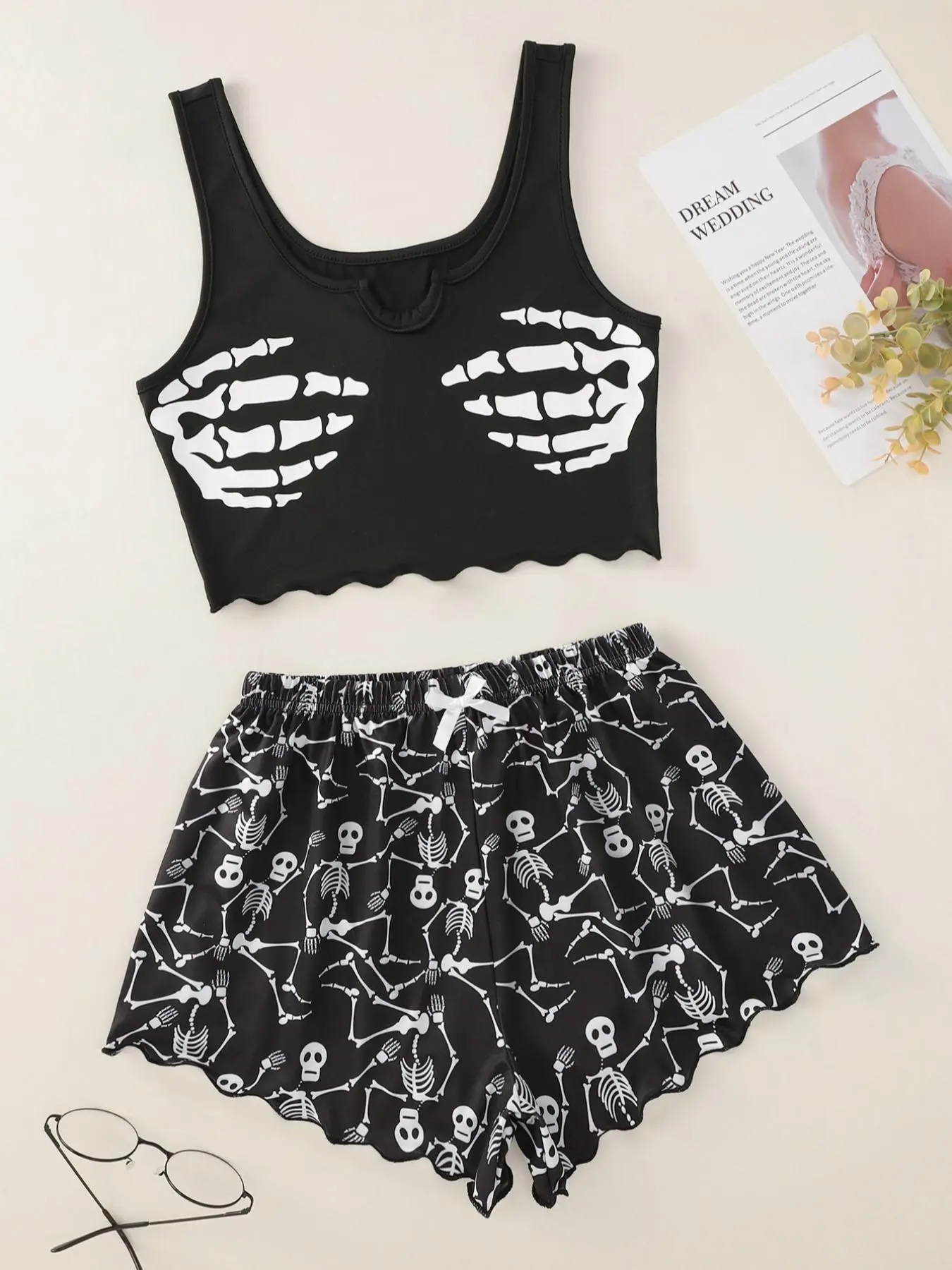 Women's Halloween Skull/panda Print Lettuce Trim Loungewear Set, Casual Sleeveless Crop Tops & Shorts Set, Pyjamas for Women, Lounge Set for Women, Women's Sleepwear for Summer, All-match Wear, Womenswear