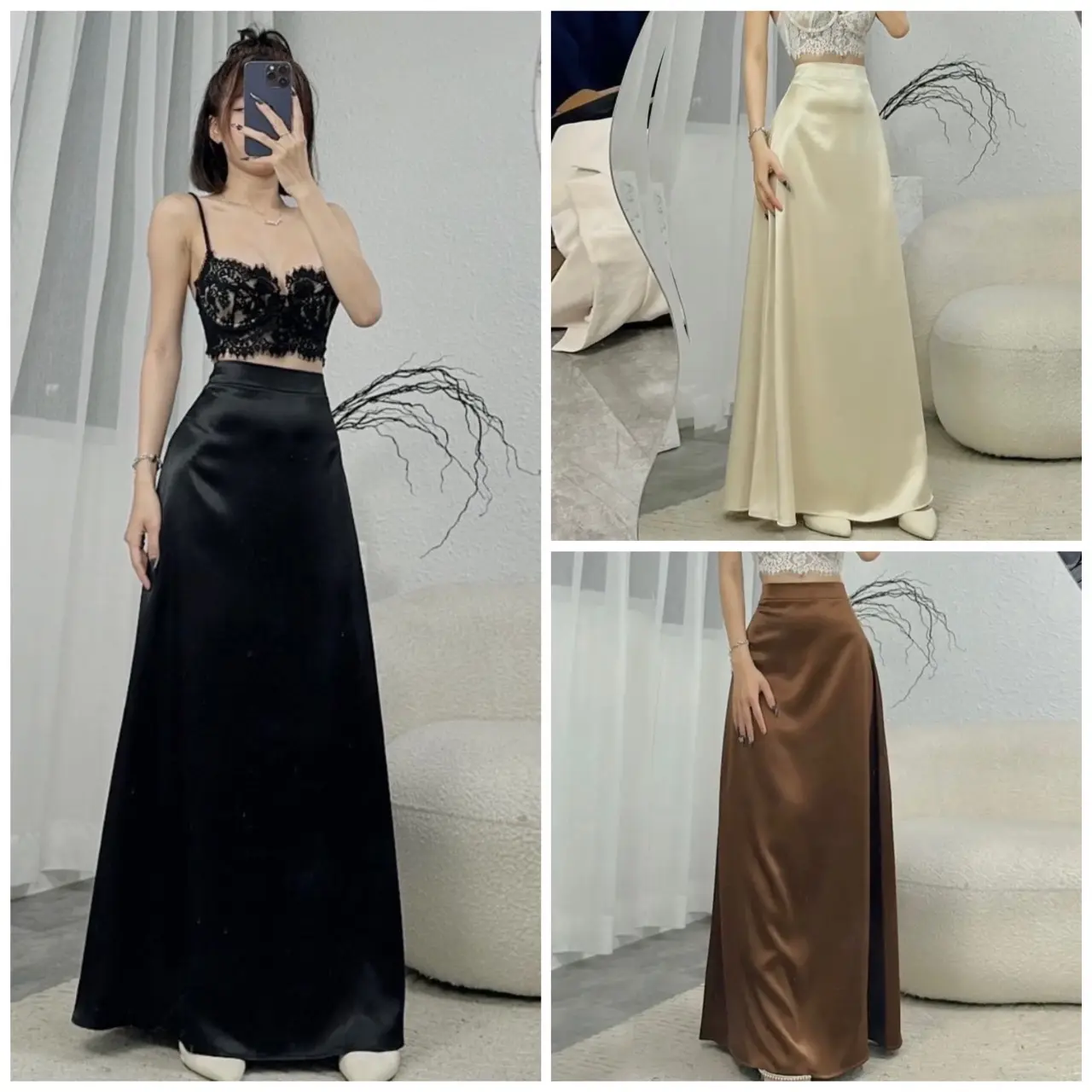 Chân váy lụa hàng thiết kế form chữ A dáng dài chất vải lụa Hàn châu được may 2 lớp cao cấp mềm mịn thoáng mát Nữ Women Voi Kem