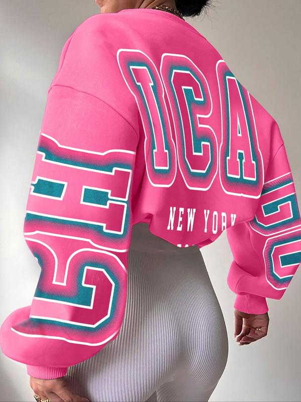 Women's Letter & Figure Print Drop Shoulder Sweatshirt, Fashion Casual Long Sleeve Round Neck Pullover for Daily Wear, Ladies Spring & Fall Clothes, Summer Outfits 2024 0