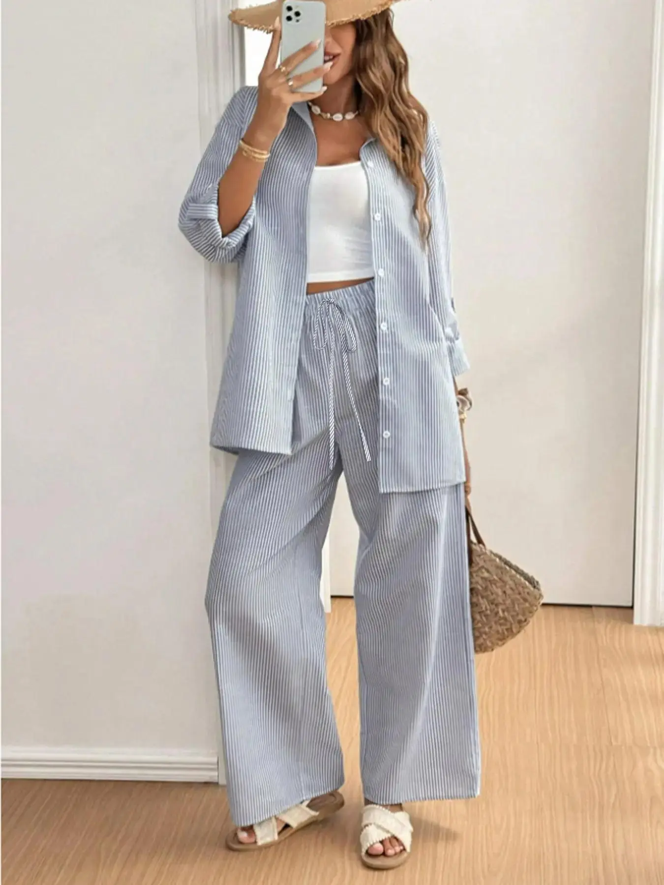 Women's Striped Print Button Front Shirt & Drawstring Waist Pants Two-piece Set, Casual Long Sleeve Collared Top & Wide Leg Trousers for Fall & Winter, Women's Clothes for Daily Wear