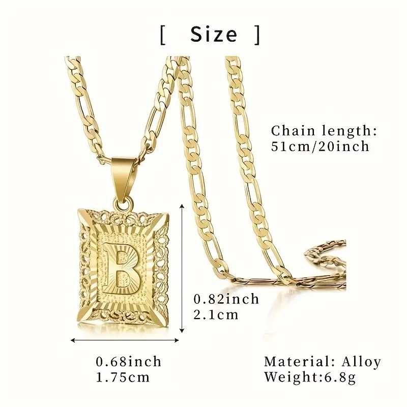 14K Golden Plated Initial Letter Pendant Necklace - A-Z, Unisex Design for Men & Women, Square Alphabet Figaro Chain with Ornate Detailing, Perfect for Casual Attire or Gifting, Jewelry | Polished Finish | Golden Alphabet, Necklace 3