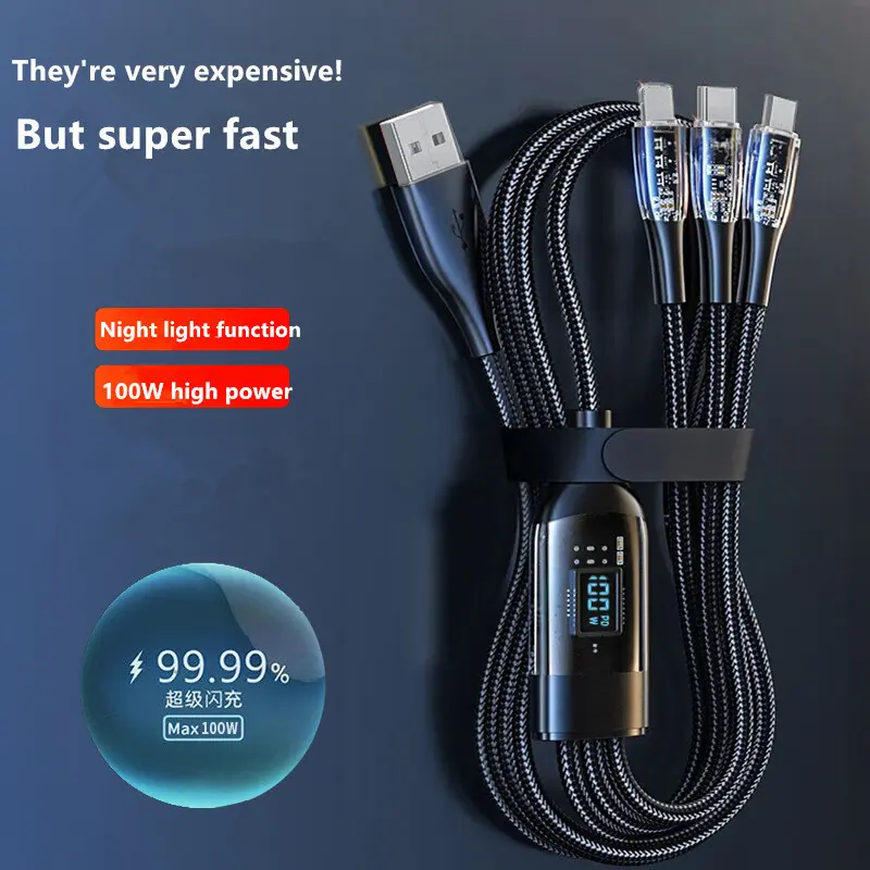 Cáp kỹ thuật số trong suốt, 5A 100W, 3 trong 1, Cáp dữ liệu 1.2M, Cáp sạc nhanh USB sang Type C / IOS / Micro, Thích hợp cho điện thoại thông minh, [Thanh Toán Khi Nhận Hàng 2024], Hàng mới về