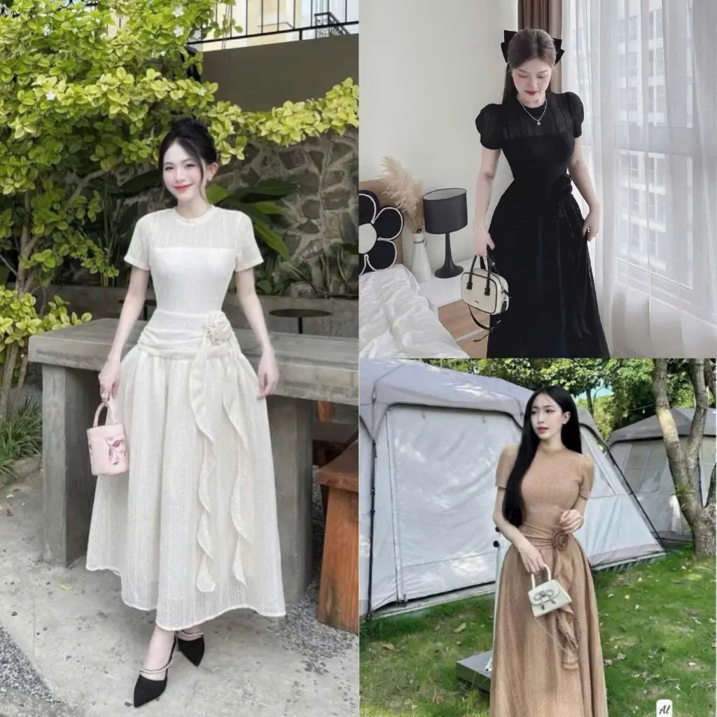Đầm thiết kế dáng maxi chất ren cao cấp ôm vòng nhún eo tay ngắn đính bông 3 màu sang trọng mặc đi tiệc