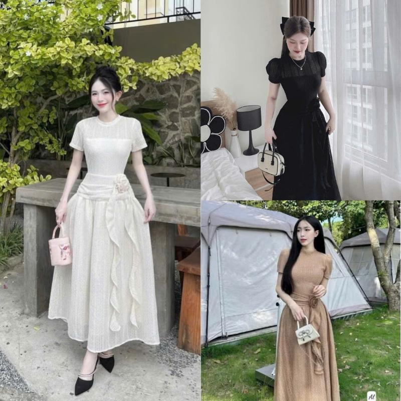 Đầm thiết kế dáng maxi chất ren cao cấp ôm vòng nhún eo tay ngắn đính bông 3 màu sang trọng mặc đi tiệc 0