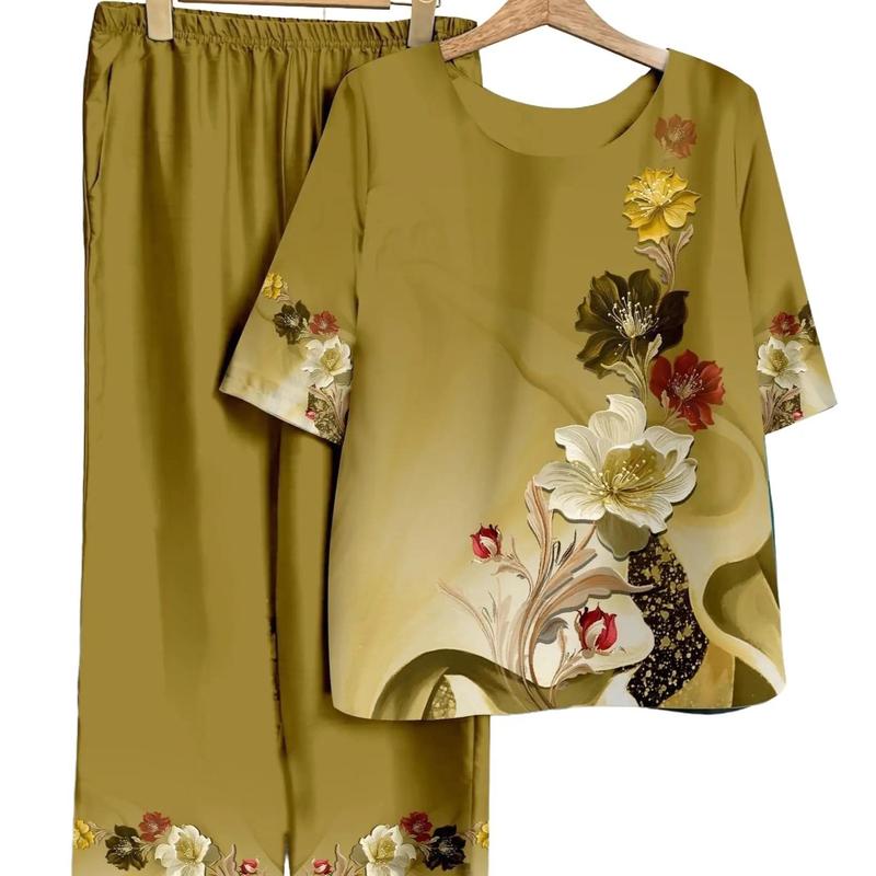 SÉT BỘ TRUNG NIÊN cao cấp chất lụa mềm mịn mát Nữ Women Voi Áo Top Polo Sen Kem Hoa Sen Quần Ngủ Áo ngủ Pijama