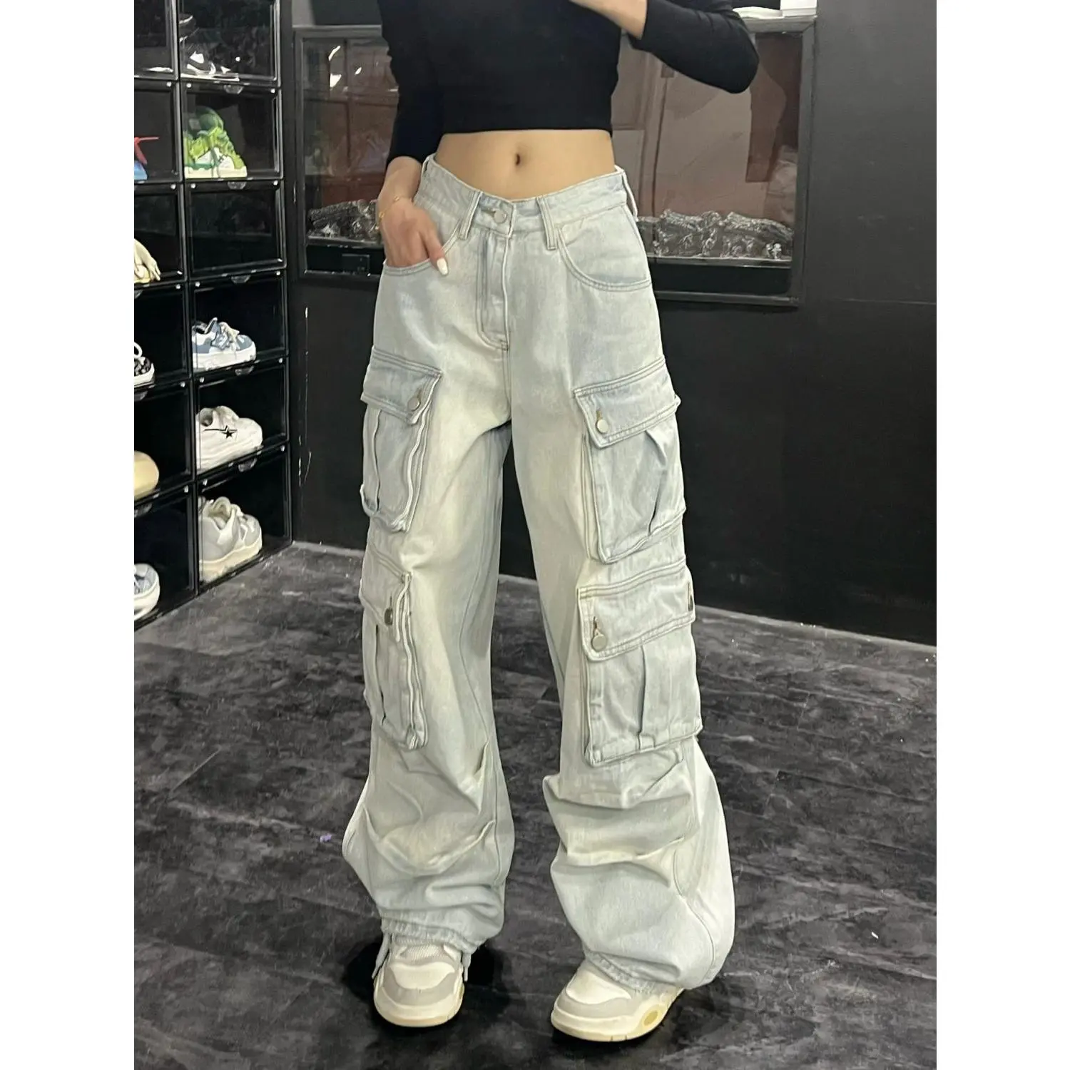 Plus Size American Vibe Multi-Pocket Workwear Jeans Women's Design Street Straight Loose Drooping Mop Pants Tide