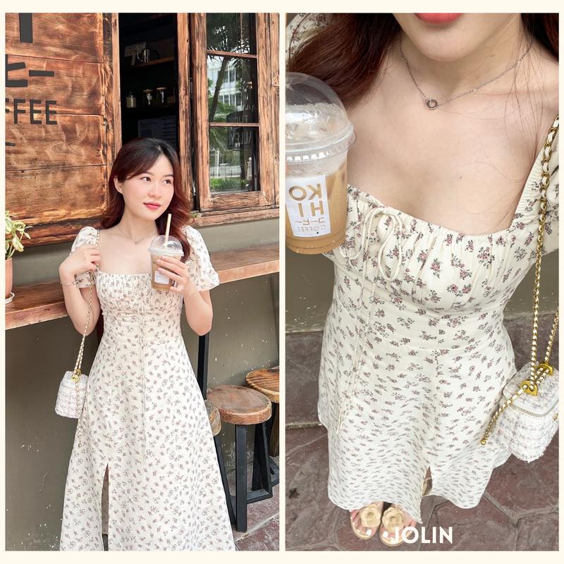 SARAH DRESS - Đầm hoa dài xẻ tà cúp ngực tay phồng chất linen màu kem hoa hồng nhẹ nhàng