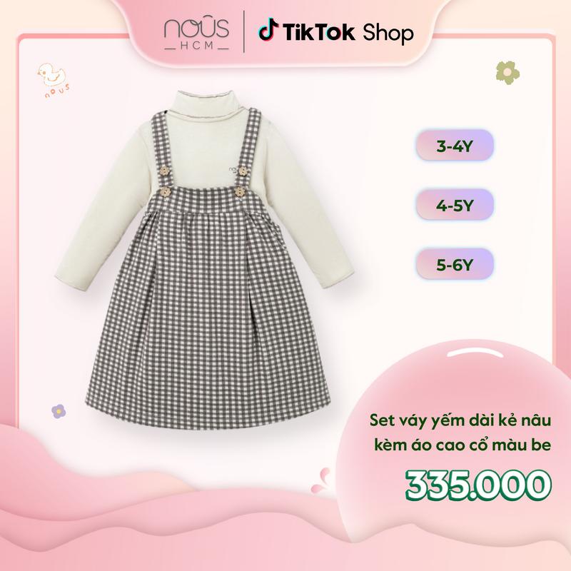 [KOL Nous Kid] Set váy yếm dài kẻ nâu kèm áo cao cổ màu be phối túi Nous dành cho bé gái từ 3 tuổi đến 5 tuổi BST T10