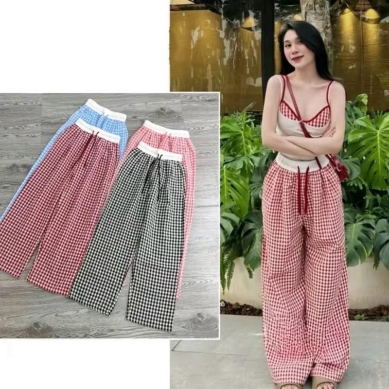 [combo 2 quần] Quần Ống Rộng Kẻ Caro Phối Cạp Trắng Dây Rút Màu Siêu Hot_650