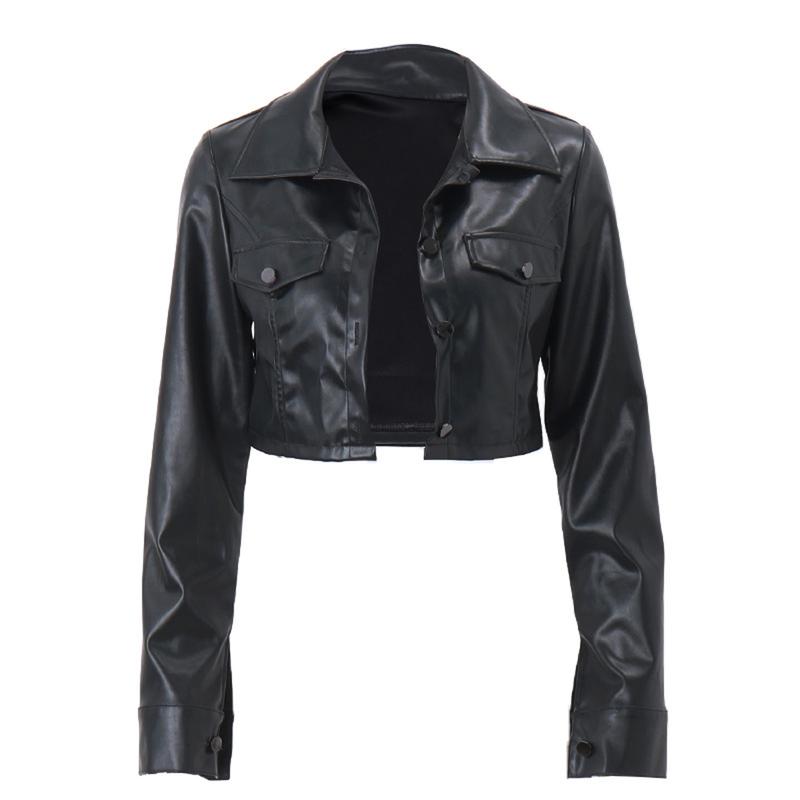 Women Crop Leather Jacket Solid Color Casual Long Sleeve Button Down Jacket Fall Outwear 6