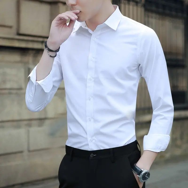 Áo Sơ Mi Nam Dài Tay, Màu Trắng, Hợp Xu hướng, Phong Cách Hàn Quốc, Dáng Ôm, Thích Hợp Cho Mùa Xuân Và Mùa Thu, Phong Cách Doanh Nhân Hợp Xu hướng, Áo Sơ Mi Trang Trọng, Áo Sơ Mi Nam Chuyên Nghiệp