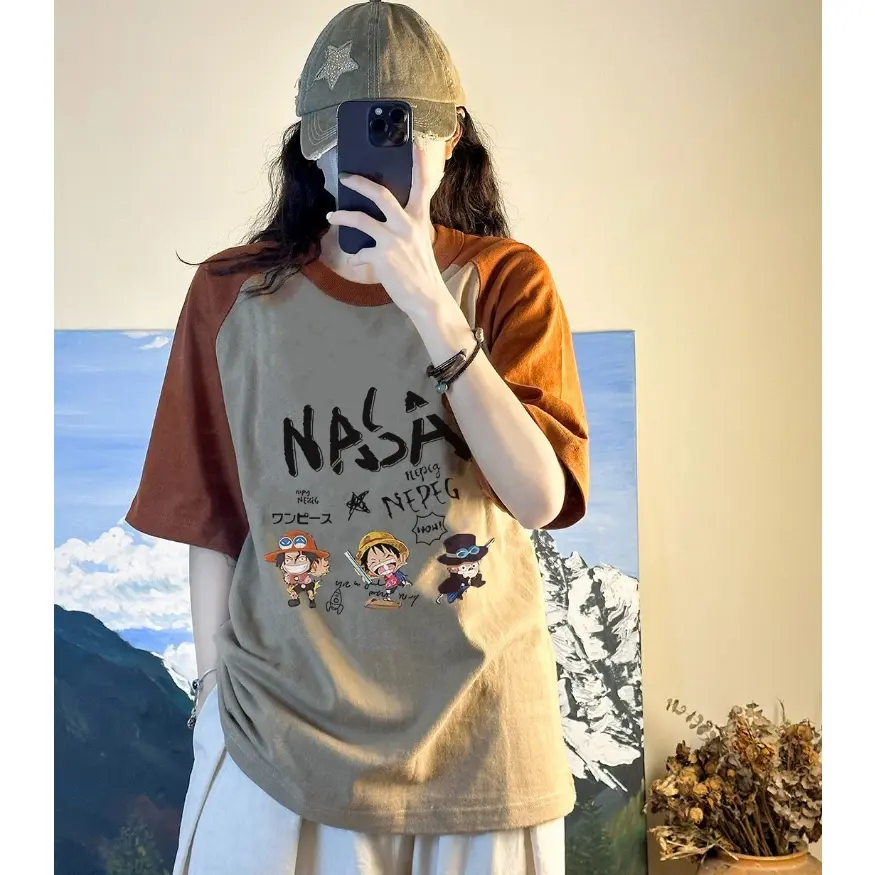 Women's clothing summer short sleeve plus size cartoon T-shirt sleeve stitching loose Top Womenswear Check Lingerie Comfort Streetwear Crewneck Casual