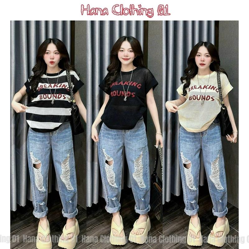 ÁO LEN TAY CỘC THÊU CHỮ BREAKING 4 MÀU WOMEN NỮ Hana Clothing 01 x Tiệm đồ nhà Lotus