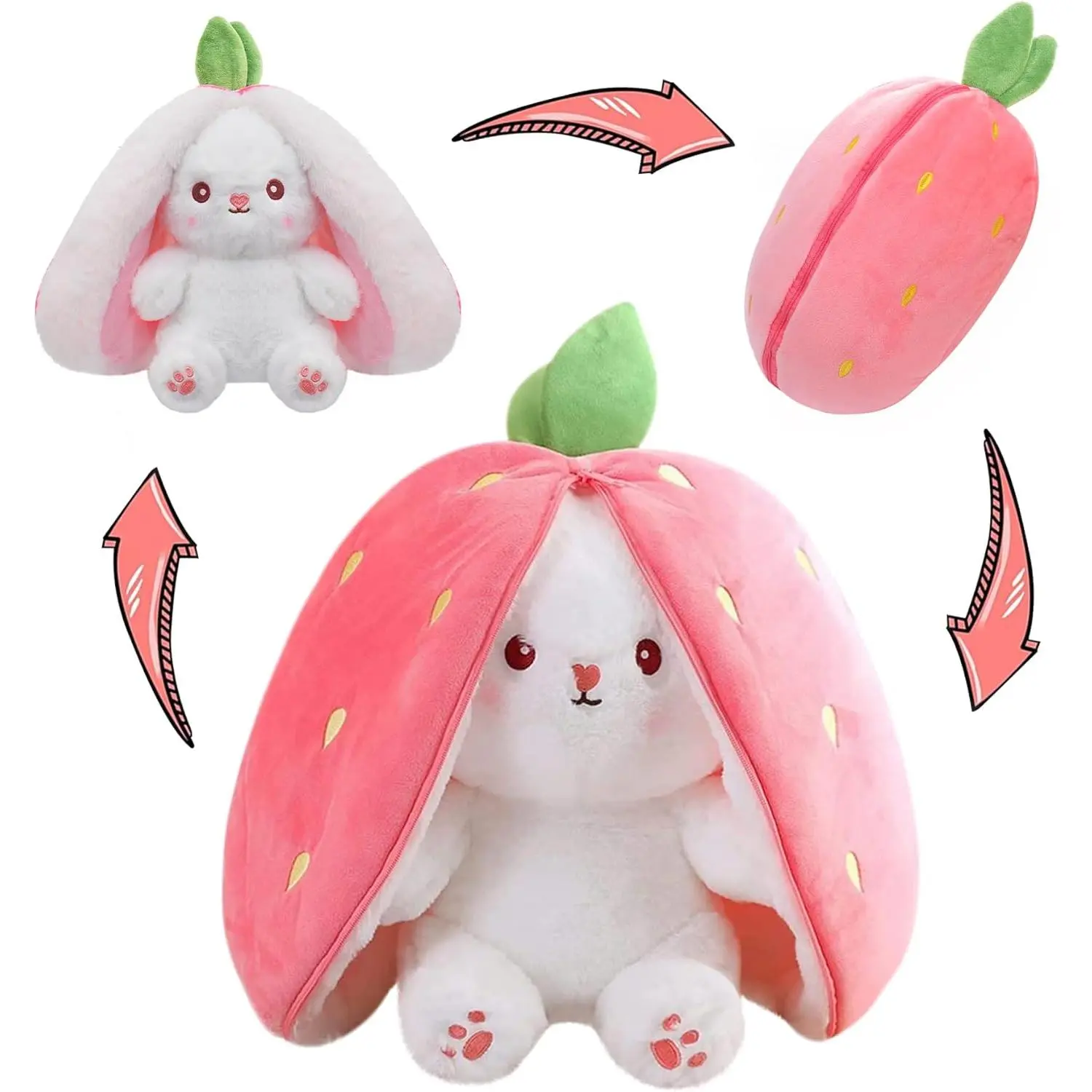 Bunny Stuffed Animal Reversible Cuddle Bunny Stuffed,Strawberry Bunny Transformed Rabbit Plush Zipper,Carrot That Turns Into Ears Bunnies Plushies Toy Cute Stuffy Doll Easter Girlfriend Gift