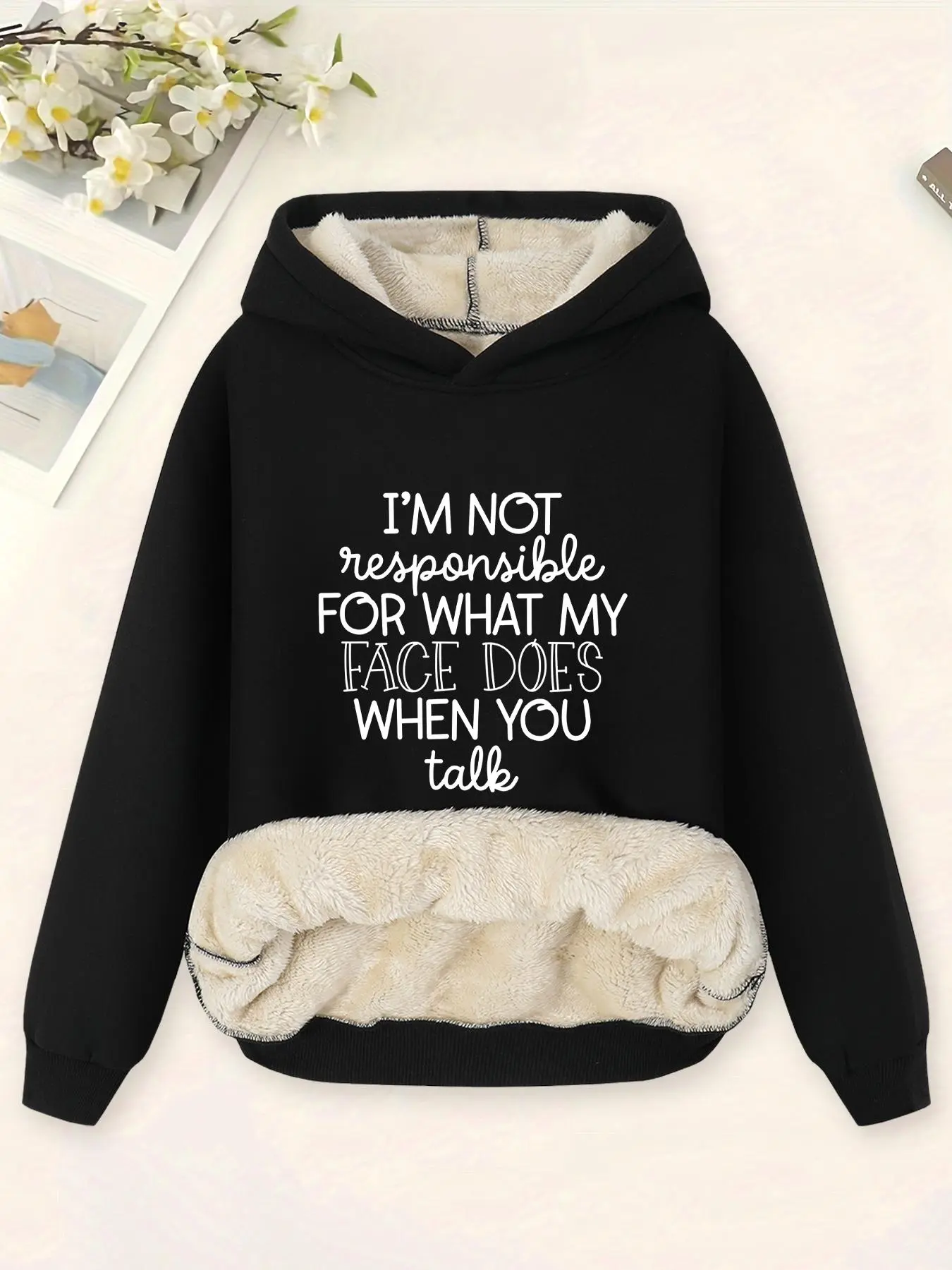 【Plus Size】 Letter Print Drop Shoulder Long Sleeve Hoodie, Fashion Casual Hooded Thermal Lined Sweatshirt for Daily Holiday Outdoor Wear, Women Clothing for Winter